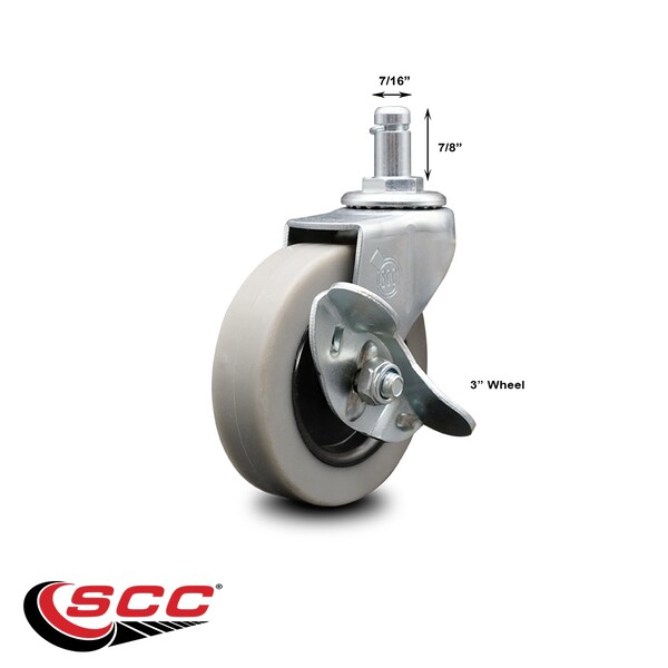 3 Inch Thermoplastic Rubber Wheel 7/8 Grip Ring Stem Caster with Brake SCC